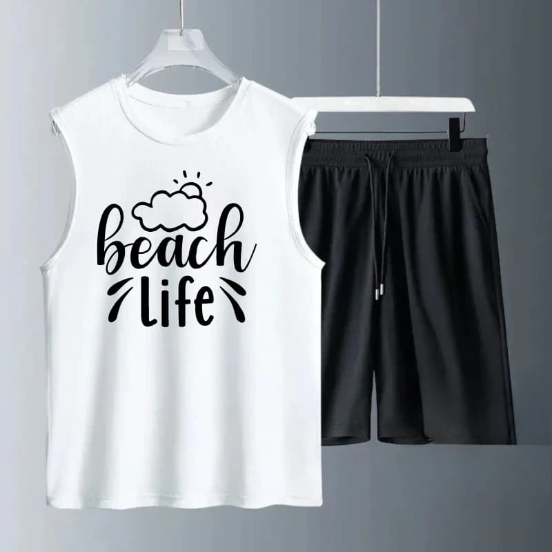 Gilet da uomo estivo senza maniche stampato Beach Life canotte + pantaloncini tuta da allenamento set tute da uomo per uomo Asciugatura rapida