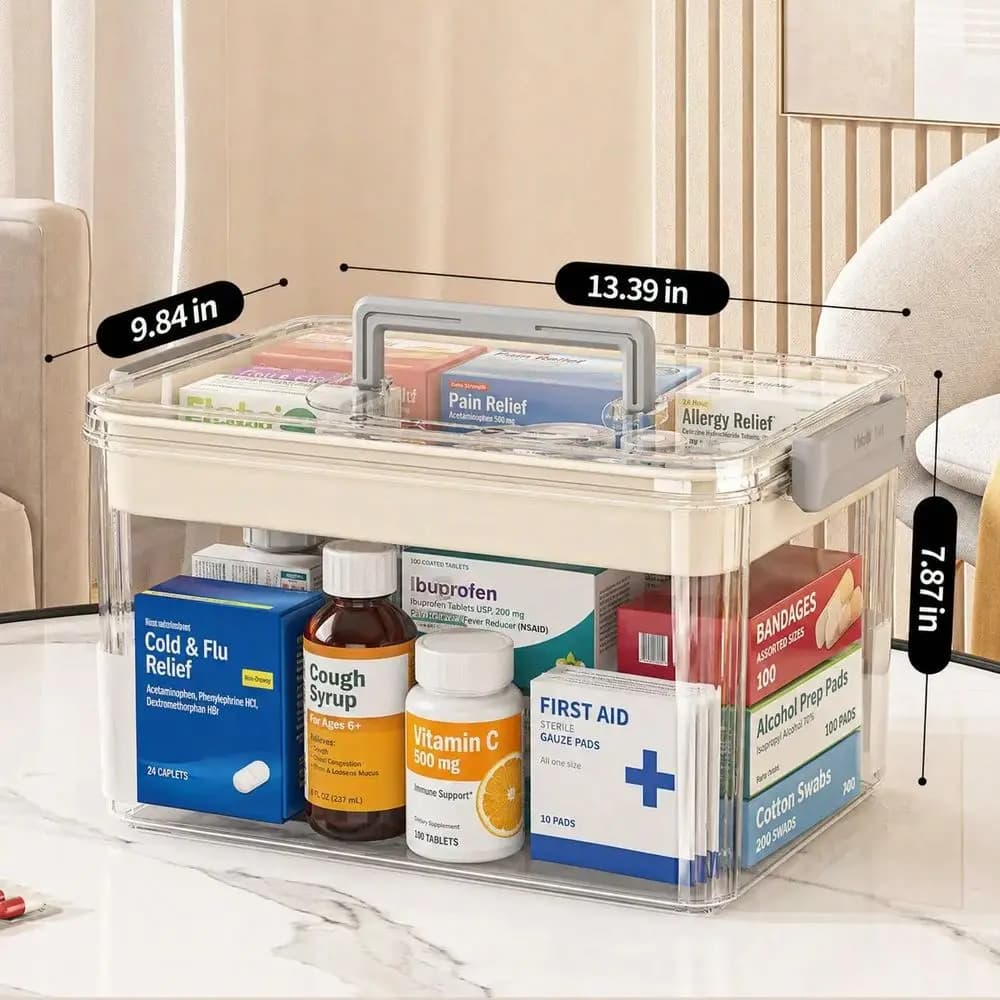 Double-Layer Transparent PET Medicine Storage Box With Handle, Sealed Moisture-Proof First Aid Kit For Home, Large-Capacity Medication Organizer Box, Household Storage Box, Suitable For Home/School/Travel