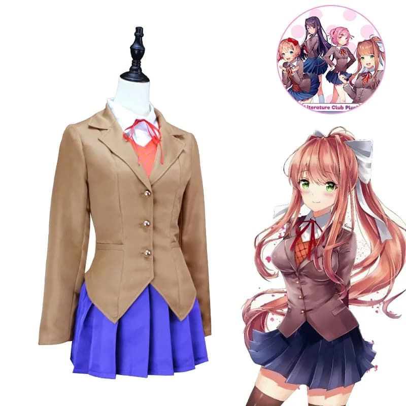 Cosplay Anime Costume Game Doki Literature Club 2026, Set Wig and Uniform Scolastica for Monika, Sayori, Yuri, Natsuki, for Girls and Women