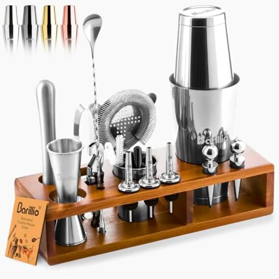 Set da Barman 23 Pezzi in Acciaio Inox con Supporto in Acacia Premium, Strumenti per Miscelare Cocktail e Martini per Bar Domestico