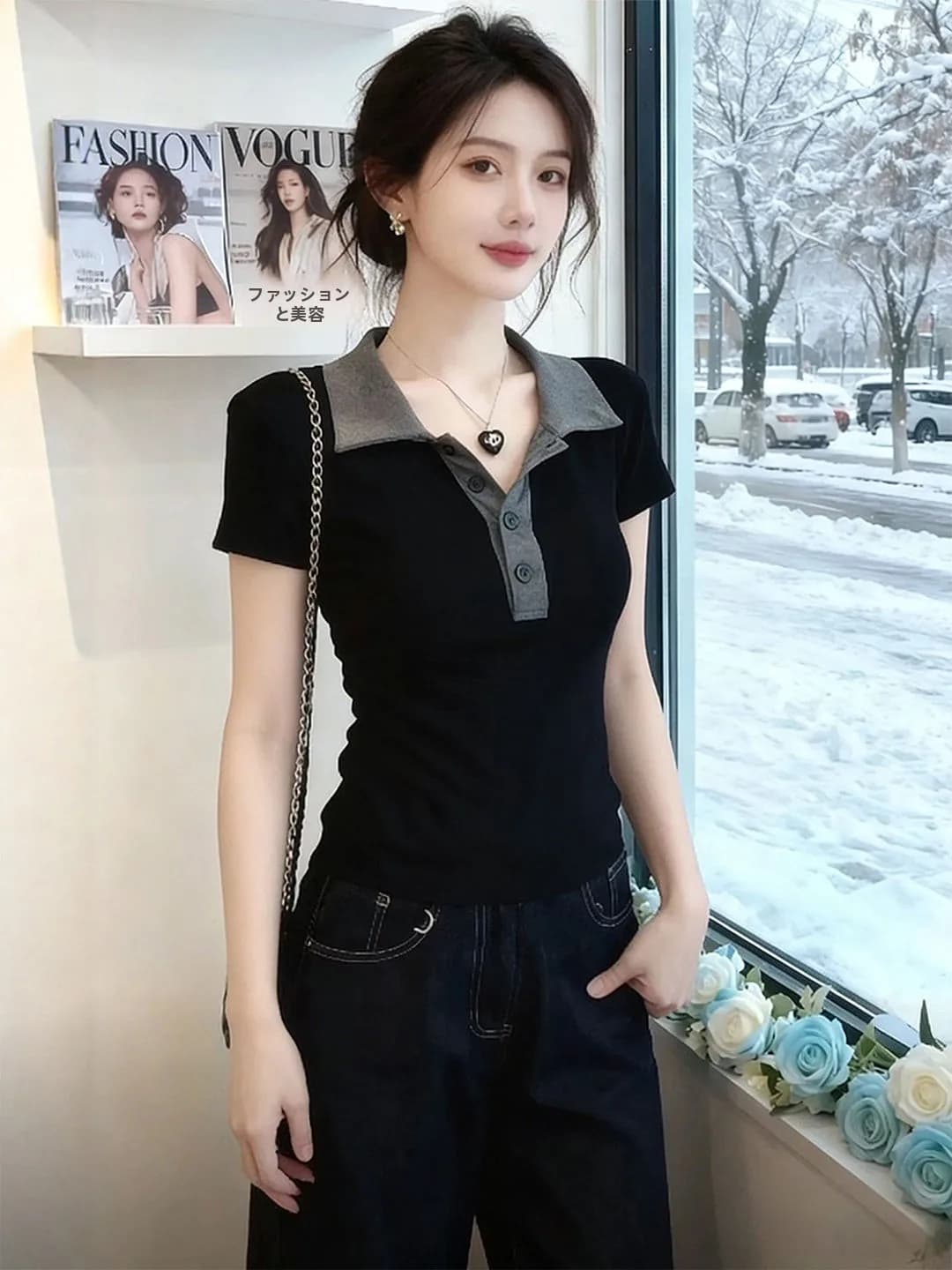 Slim Fit Neck Short Sleeve T-Shirt Women's Beautiful Unique Color Block Summer Trendy Top Korean Style Breathable Skin-F...