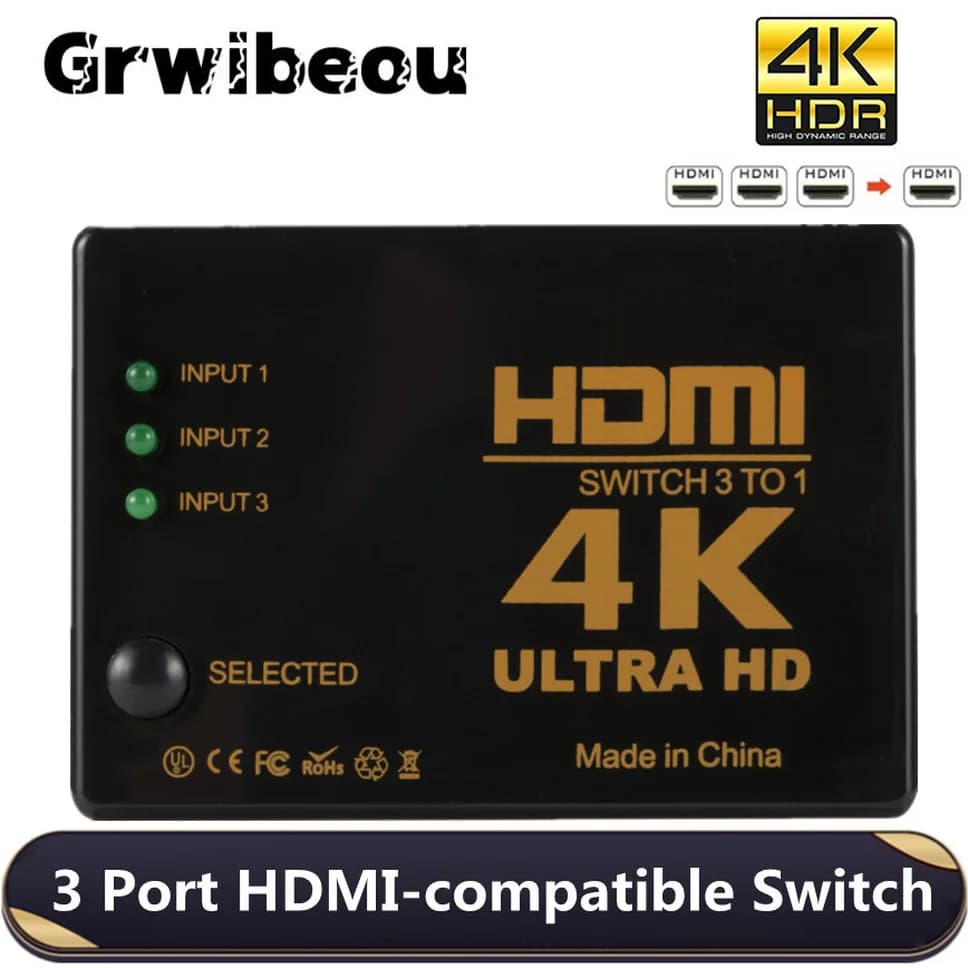 Grwibeou 3x1 4K HDMI Switcher Video HD 3 Input Switcher Adapter 1 Output Hub HDMI Splitter for Xbox PS4 DVD HDTV PC Laptop TV