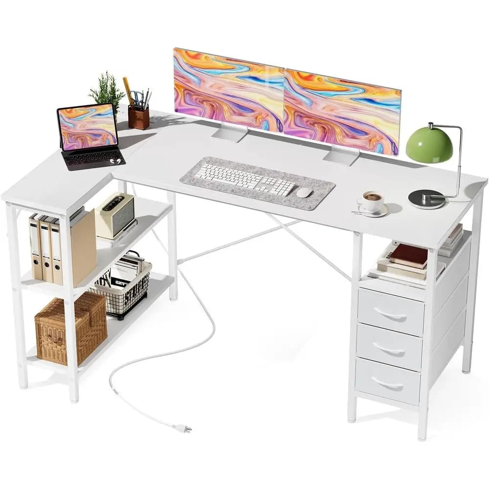 Scrivania a L con Scaffali da 55 Pollici, Scrivania per Computer Bianca da Gaming con Presa di Corrente, Tavolo da Studio con Ripiani Regolabili, per Casa/Ufficio