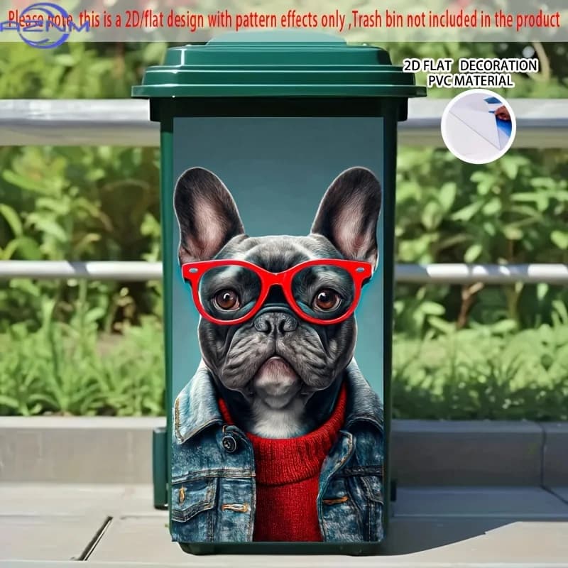 French Bulldog with Red Glasses Self-Adhesive Dustbin Stickers, PVC Trash Can Decorative Stickers, Wheelie Bin Stickers, for