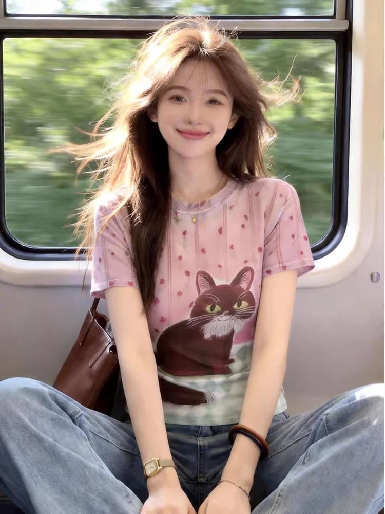 Dopamine Print Polka Dot Short Sleeve T-Shirt Women's Unique Slimming Base Shirt Summer New Style Commute Korean Version