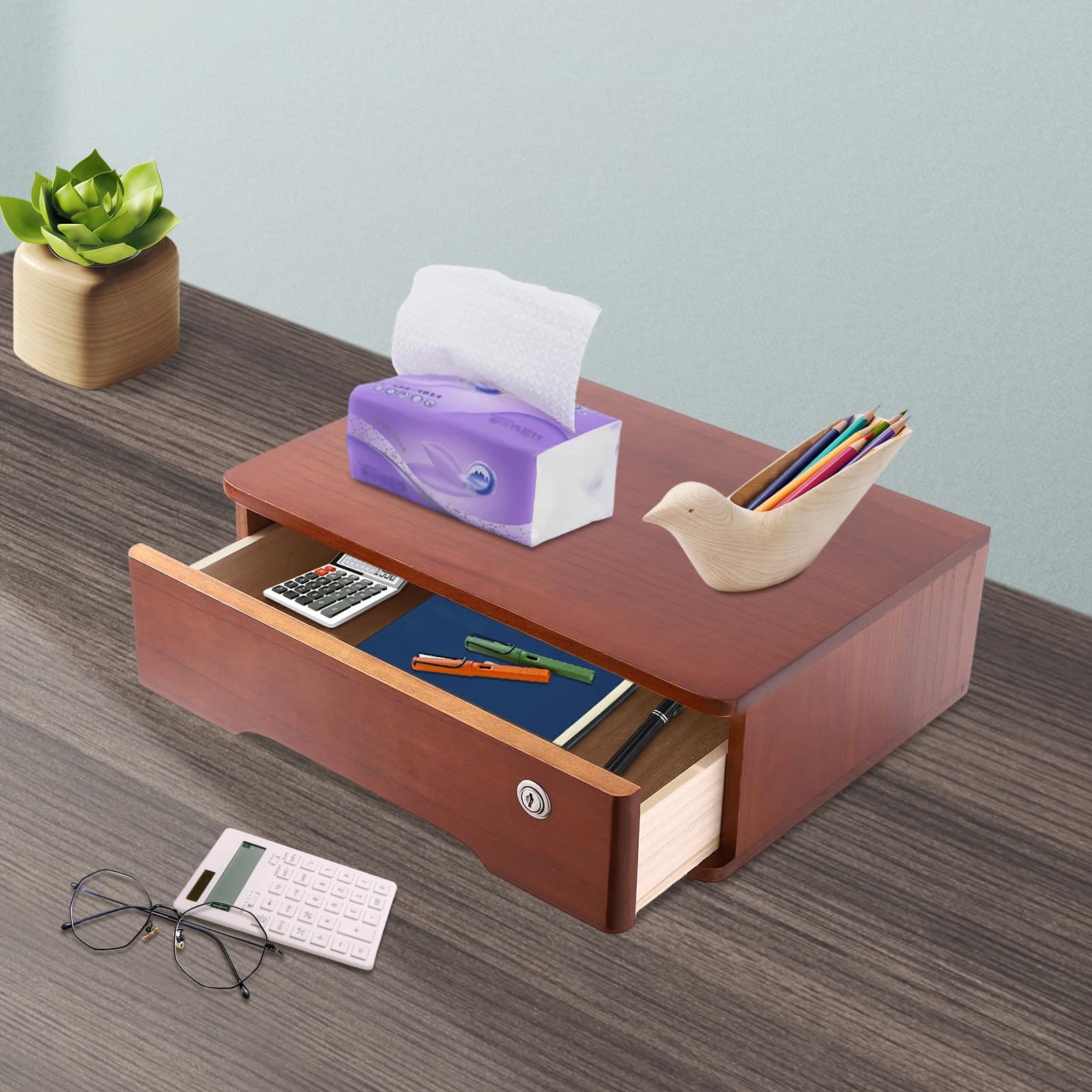 Scatola portaoggetti da tavolo in legno di noce a 1 cassetto, organizer da scrivania rettangolare, forniture per ufficio, organizer per file con 2 * chiavi