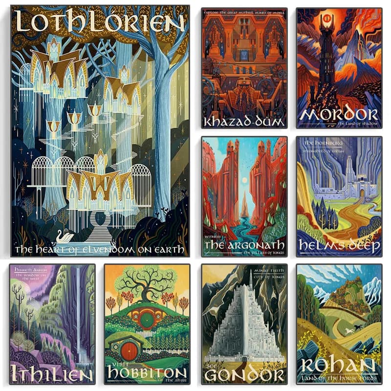 Tolkien Travel Wall Art Canvas Painting Middle Earth Landscape LOTR Poster Vintage Movie Prints Pictures Living Room Home Dec
