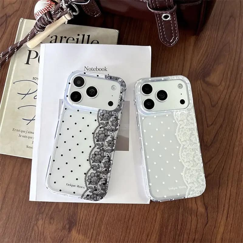 Ins Polka Dots Lace White Black Kawaii Phone Case For iPhone 18 17 Air 16 15 14 13 12 11 Pro Max Plus MINI Y2K Lovely Cover