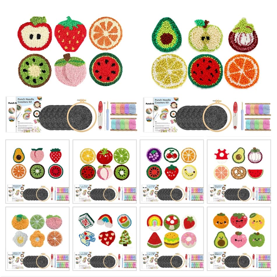 6PCS Easy Punch Needle Coaster Kit For Adults Fruit Pattern DIY Needle Punch Embroidery Set Tufting Coaster Handicraft Art Craft