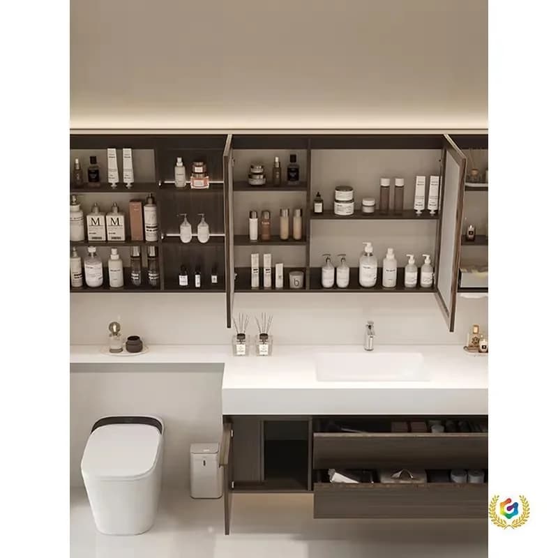 Walnut Bathroom Vanity with Sintered Stone Ceramic Basin Extended Integrated Cabinet Multifunctional Mirror Antique Style