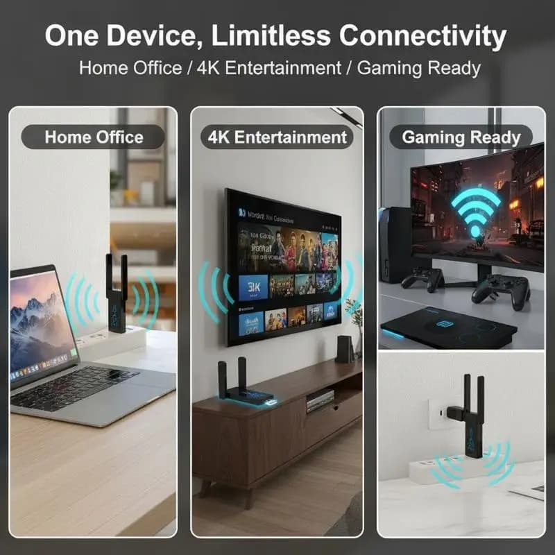 5G Dual Band USB 3.0 Wireless Adapter Plug Play 1300Mbps WiFi Receiver for Video Calls and Fast Home Internet