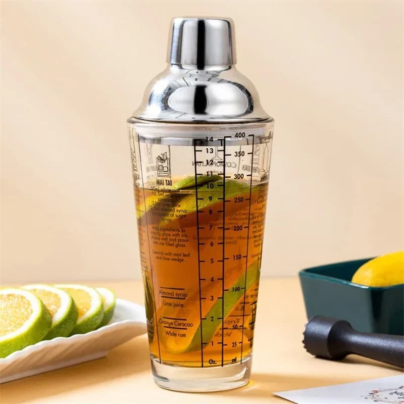 400/600ML Glass Cocktail Shaker Hand Shaker Cup with Scales Lemon Milk Tea Shaker Cup Stainless steel Lid Wine Drink Mixer Bar