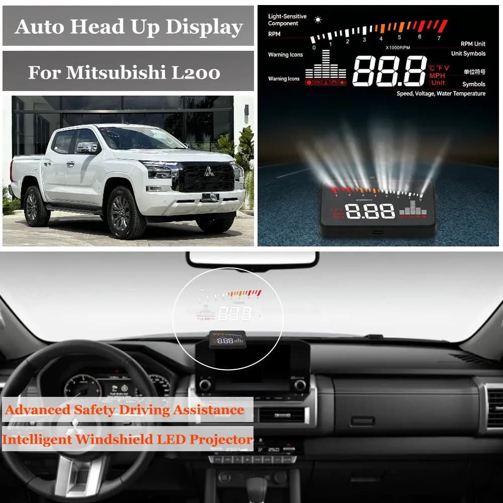 Car Head Up Display For Mitsubishi L200 MK4 MK5 2005-2026 AUTO HUD Windshield Projector Accessories Speedometer Odometer RPM