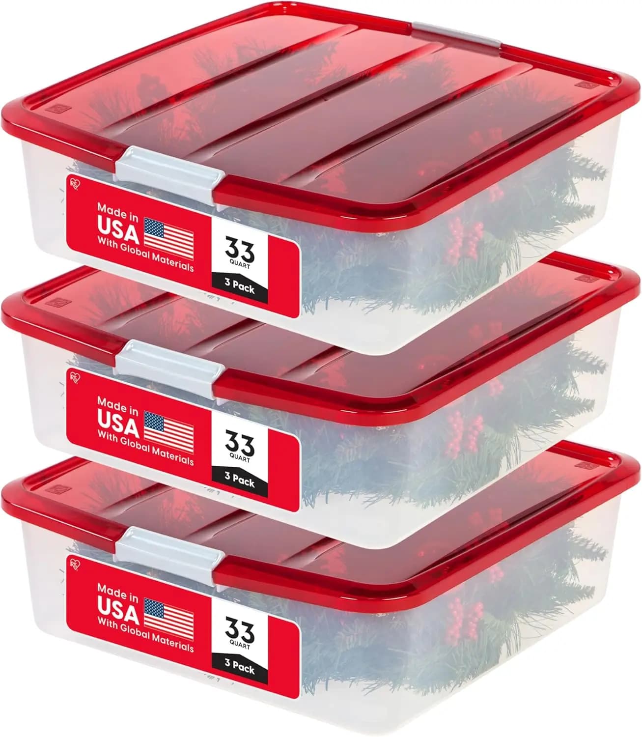 Pack of 3 Transparent/Red Boxes to Store Christmas Garlands with Covers, Stackable Organizer Under the Bed for Decorations of 20 Inch