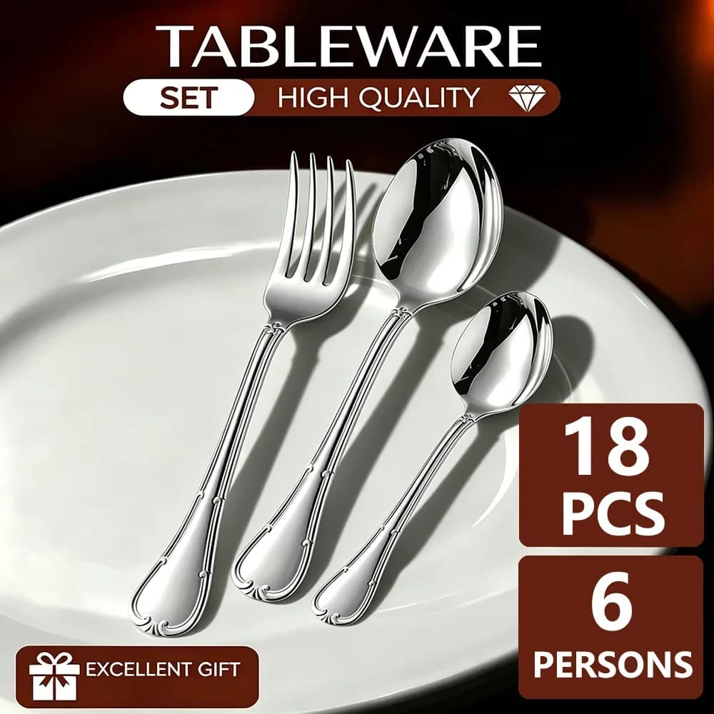 6/12/18Pcs Silver Cutlery Set Stainless Steel Fork Spoon Tableware Flatware Set Festival Kitchen Upscale Cutlery Set