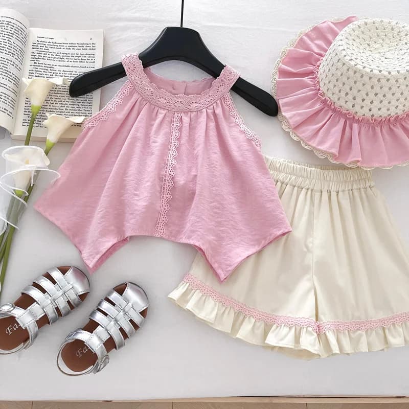 2026Summer new style Korean sweet lace camisole and shorts set for girls, two-piece outfit for baby girls