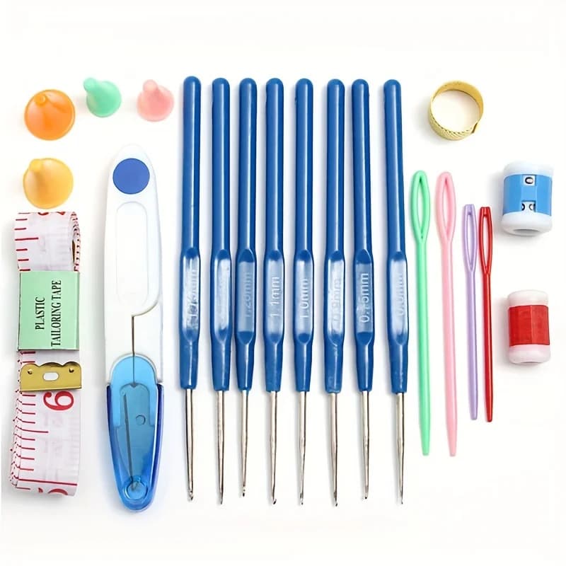 Set di uncinetti con manico in silicone, kit di ferri da maglia in metallo con forbici, anelli e metro a nastro, strumenti fai da te per cucire filati