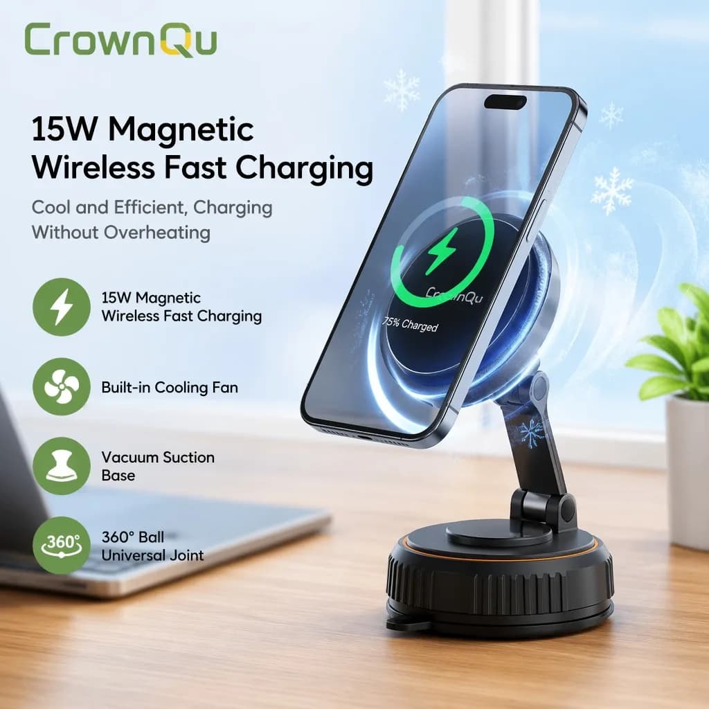 Supporto per telefono da auto con ricarica wireless magnetica rapida da 15W, ventola integrata e ventosa a 360° ° Rotazione per iPhone 17, 16, 15 Pro