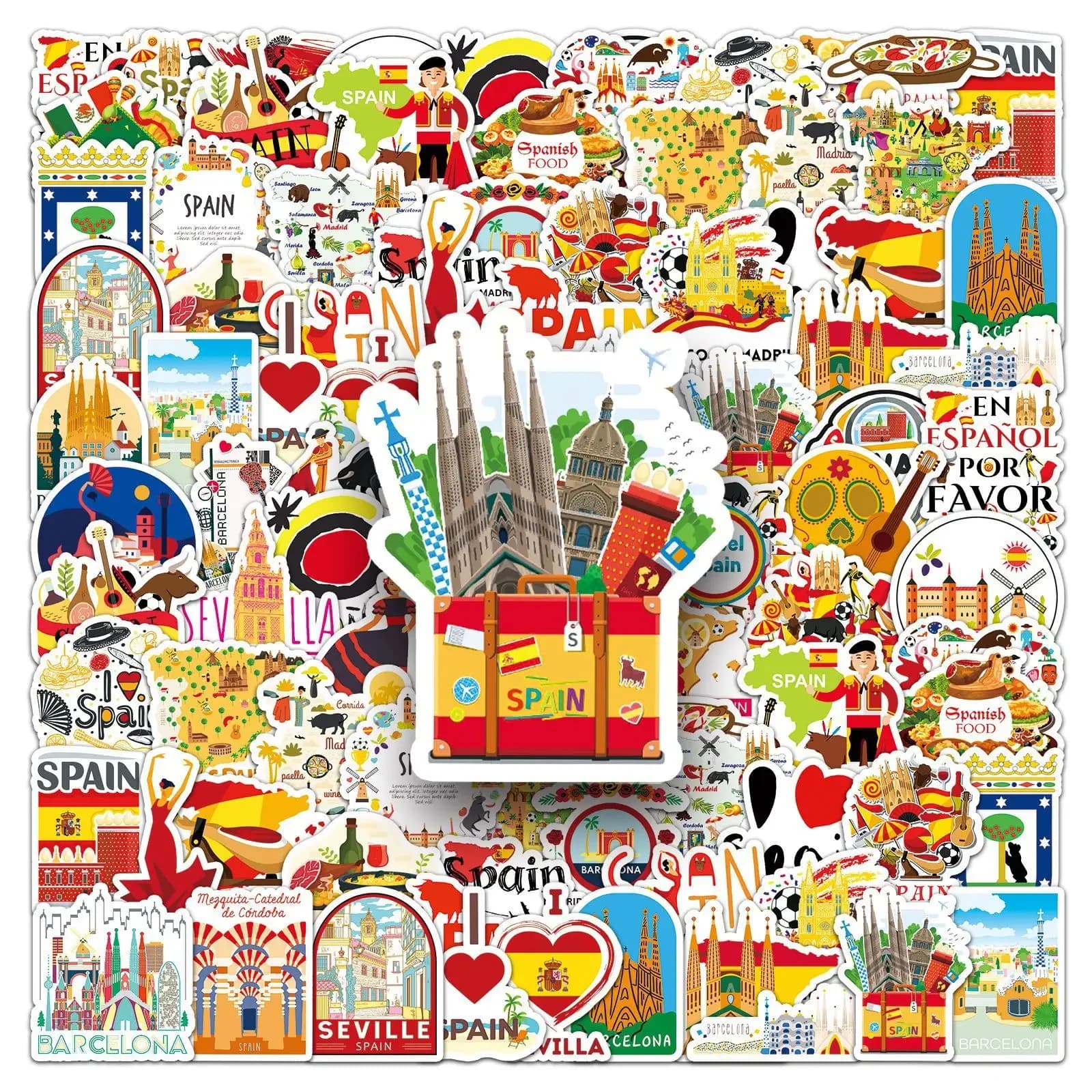 50 Pezzi Adesivi con Paesaggi Spagnoli, Sticker da Viaggio Cartoon, Decalcomanie per Valigie, Laptop, Telefoni, Chitarre, Auto, Bici, Skateboard, Regalo per Bambini