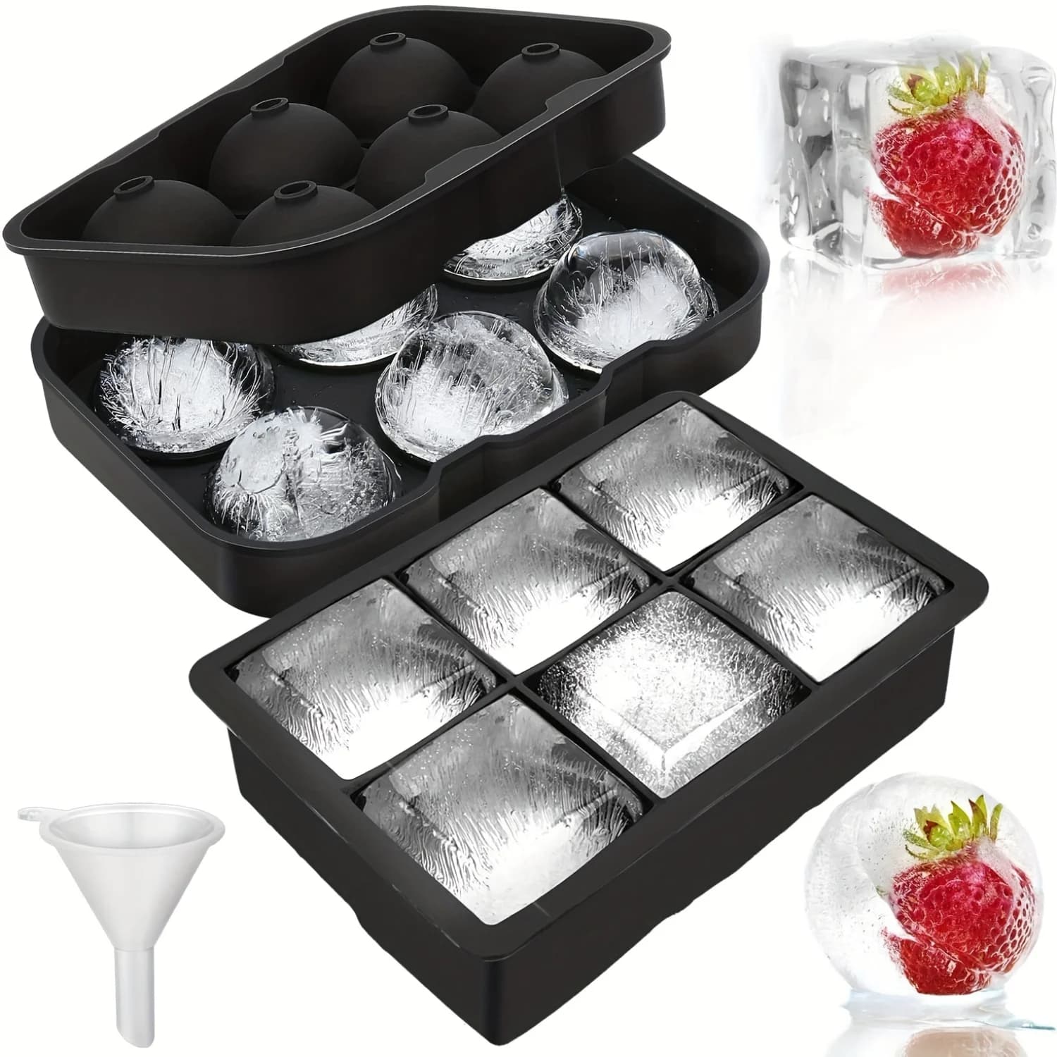 Vassoio per cubetti di ghiaccio (set da 2), produttore di cubetti di ghiaccio con sfera in silicone con coperchio e grande stampo quadrato per cubetti di ghiaccio per ghiaccio e cocktail di whisky, Foo