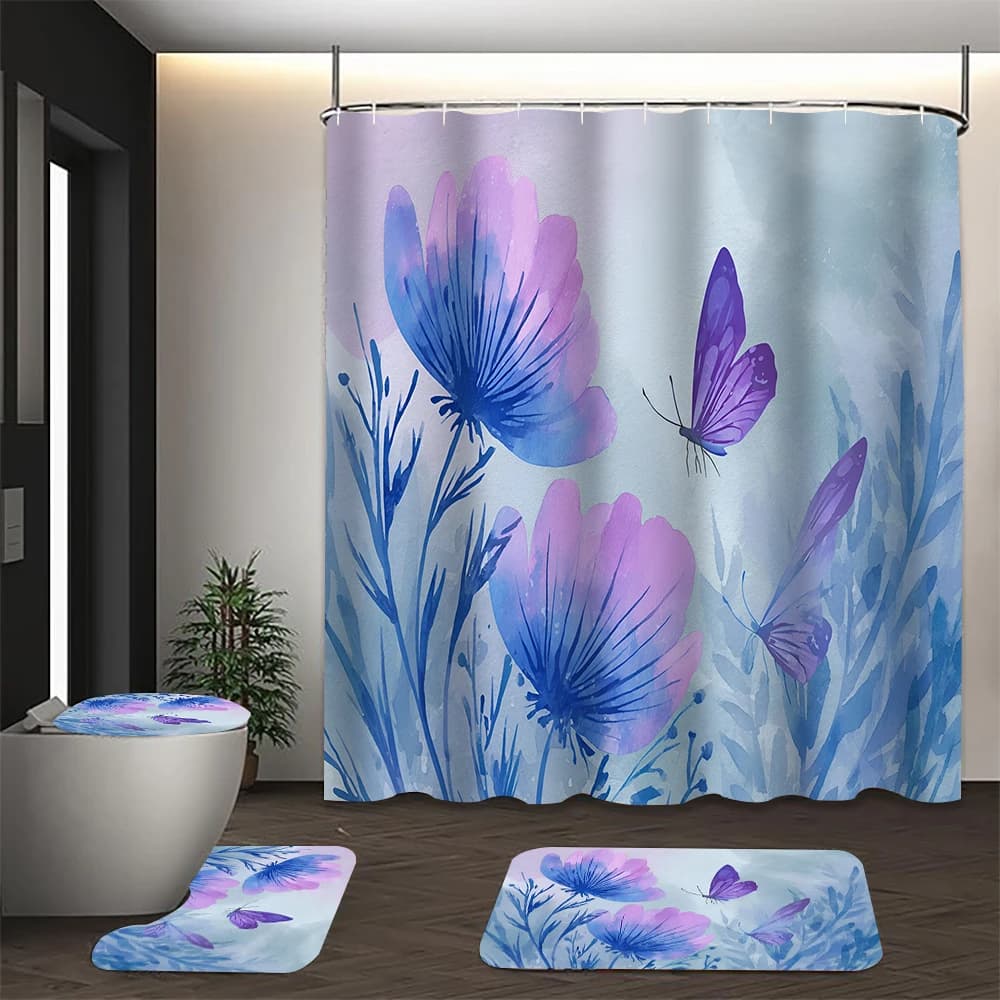 Set di tende da doccia con motivo a farfalle 4/1, decorazione per sedile WC, tenda da doccia con tappeto e coperchio per WC, dimensioni 70,8x70,8 pollici