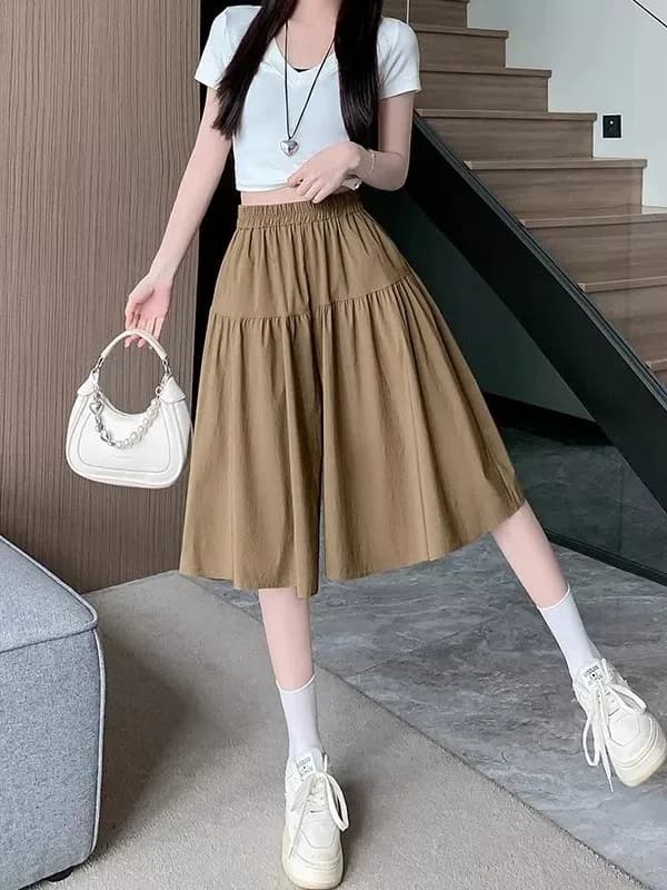 Summer Thin High Waist 6-Point Shorts Slimming Loose Ice Silk Wide Leg Five-Point Pants Women's Fashion Casual Skirt Pants