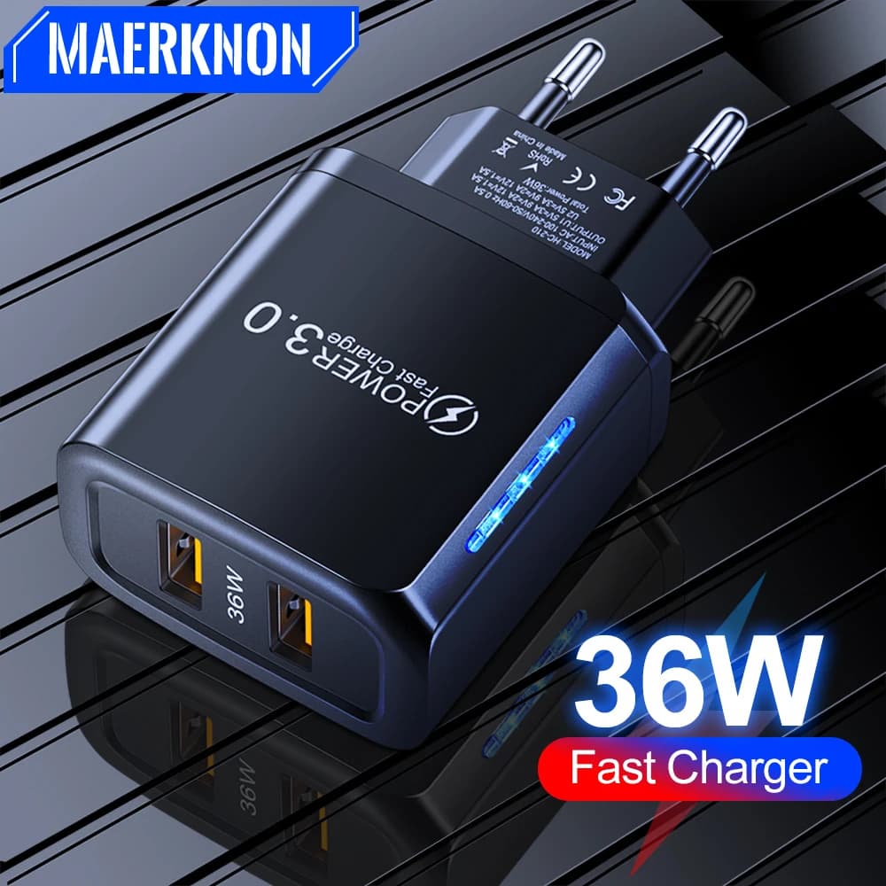 Caricatore USB 36W 2 porte Adattatore di alimentazione per caricabatterie per telefono a ricarica rapida per iPhone Xiaomi Samsung Huawei Caricatore rapido da muro con spina UE/USA