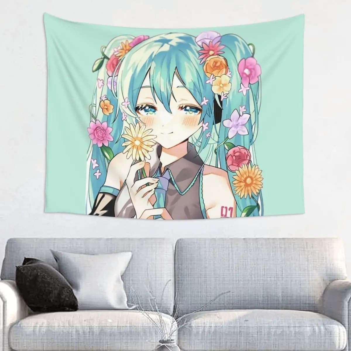 Hatsune Miku wall carpet in colored polyester, manga room decoration, yoga mat, Mandala wall carpet
