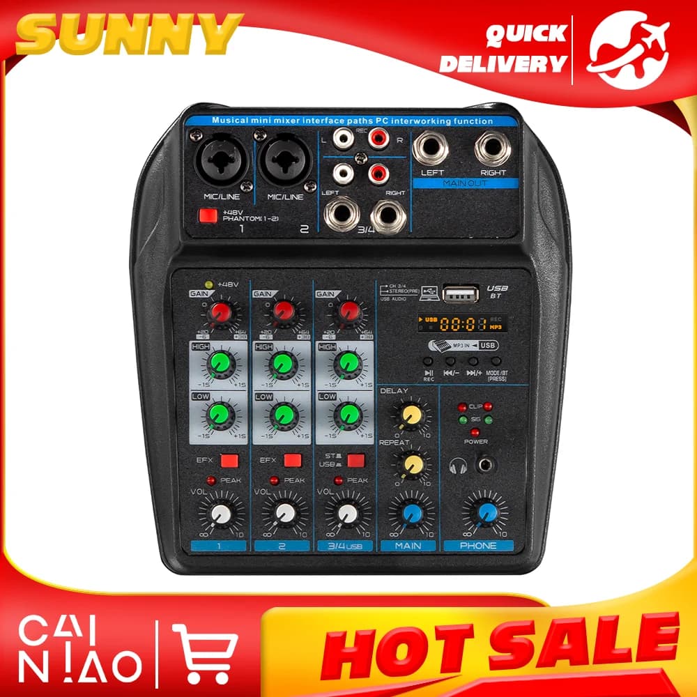Mixer a 4 canali, console di missaggio DJ con Bluetooth, alimentazione phantom 48V, monitor, sistema karaoke, mixer audio USB