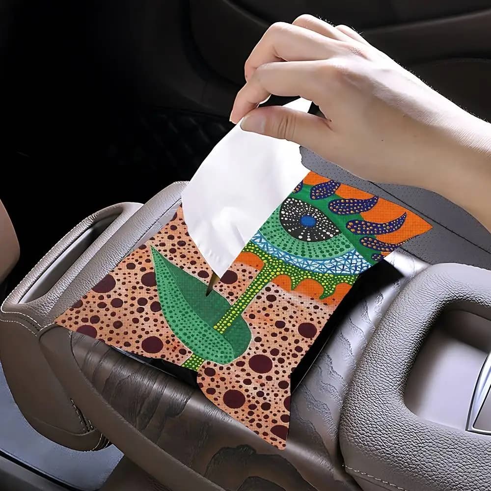 Abstract Y-Yayoi K-Kusama Car Tissue Box Holder Linen Auto Hanging Napkin Case Interior Universal Vehicle Paper Organizer