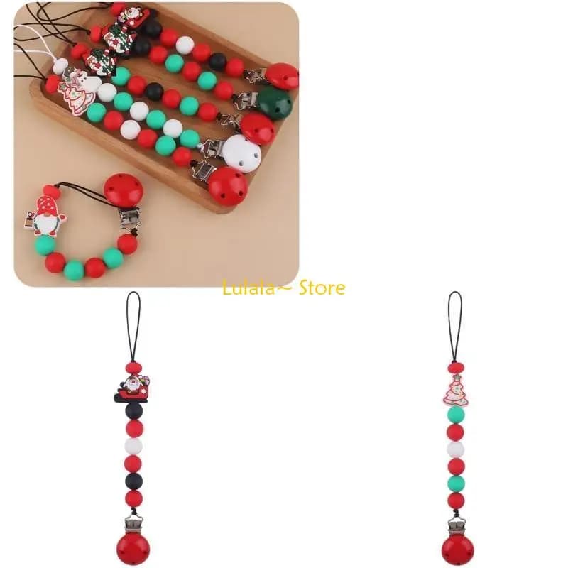 Y4QA Pacifier Chain Holder Christmas Themed Dummy Chain Teething Clip Toddlers Teether Toy Soother Chain Pacifier Strap Clip