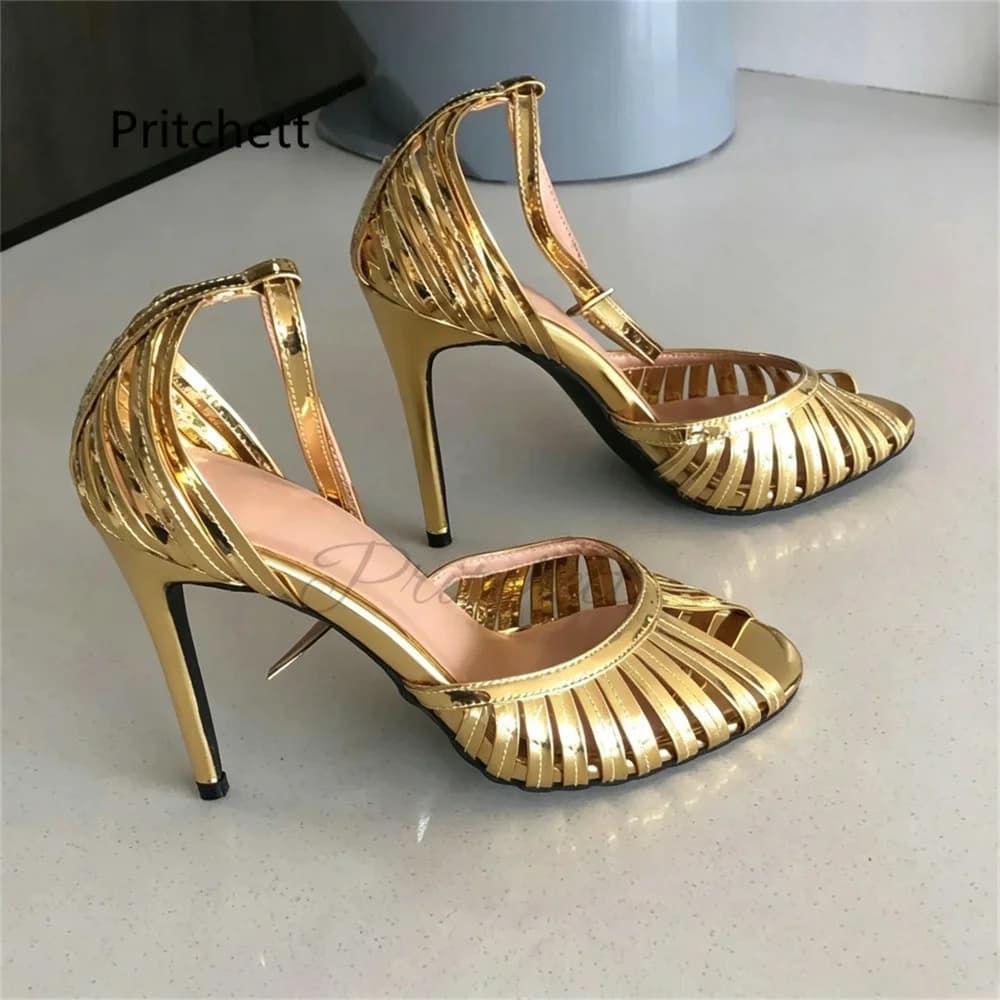 Women's High Heels Cage Sandals Peep Toe Metallic Leather Ankle Straps Buckle Stilettos Elegant High Heeled Summer Party Shoes