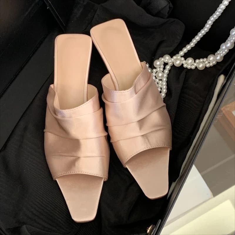 Aneikeh Sandali Eleganti Estivi da Donna, Stile Street Fashion, Mules Rosa in Raso Plissettato, Punta Quadrata Aperta