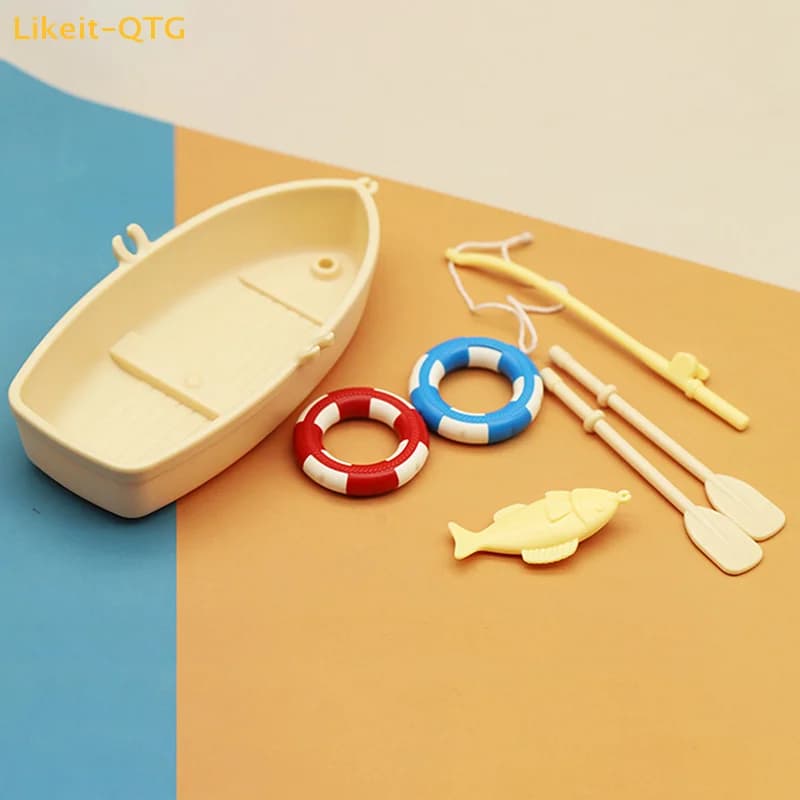 NUOVO Set di 1 Barca da Pesca in Plastica per Bambini, Modellino Miniatura, Ornamenti per Casa delle Bambole, Kit Barca da Pesca in Miniatura