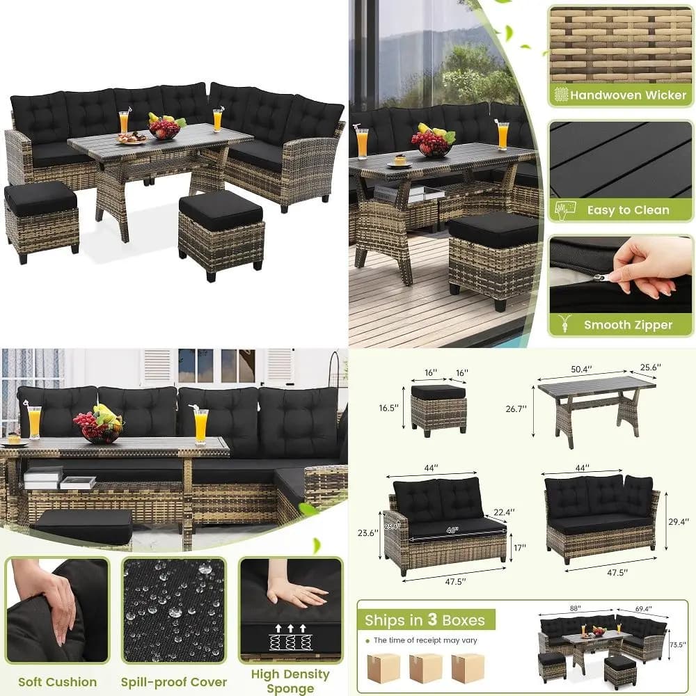 6Piece Patio Furniture Set, Outdoor Sectional Sofa with Dining Table amp Chairs, AllWeather Dining Set with Removable Cushion C