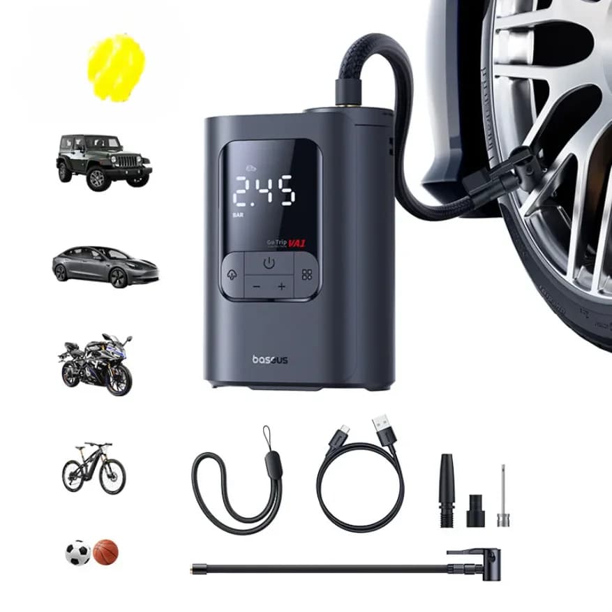 Compressore d'aria per auto 7500mAh, gonfiatore portatile per pneumatici di auto, moto, biciclette e palloni, pompa d'aria per auto con o senza filo.