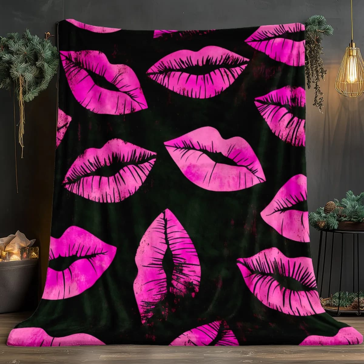 Custom Lips Blanket Pink Lipstick Kiss Pattern Black Background Design Personalized Name Fleece Throw All Season Soft Warm