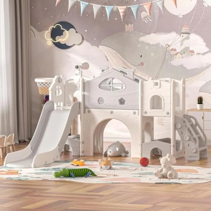 Indoor toddler slide playground for ages 1-6: freestanding 8-in-1 unit with stairs tunnel telescope storage ball pit; gray plas