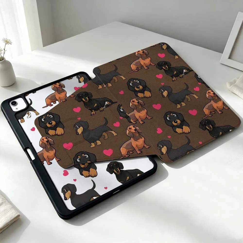 Cartoon Dachshund Heart For Xiaomi Mi Redmi Poco Pad 8 7 7S 6 6S 5 SE Pro Ultra 360° Rotation Stylus Storage Tablet Case
