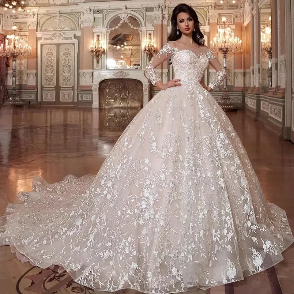 Customized Luxury Illusion Beads Ivory Women Wedding Dress Bride Dresses Lace Appliques Elegant Wedding Gowns Train