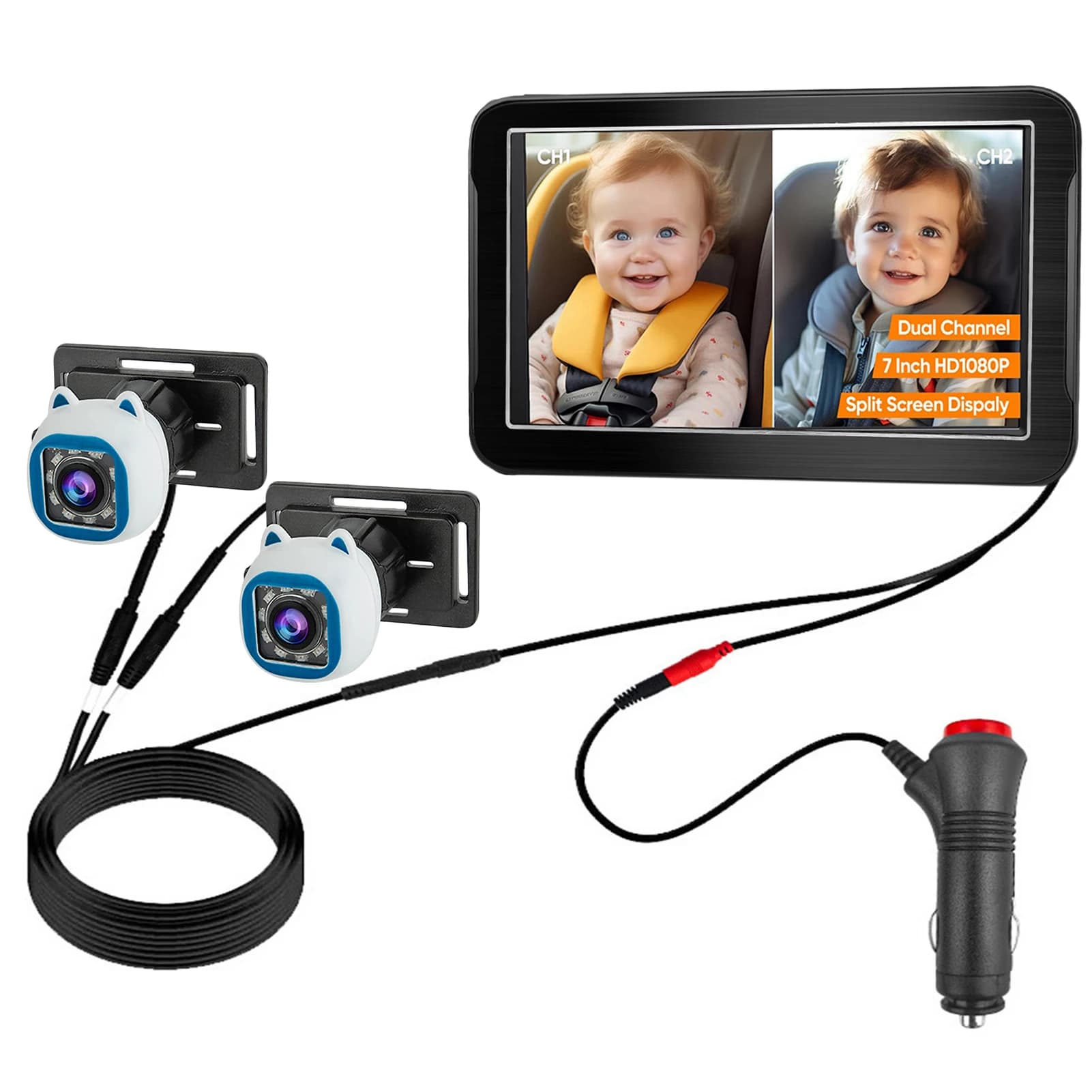 Specchietto Retrovisore per Auto con Telecamera per Bambini 1080P, Monitor per Bambini a Doppio Canale con Visione Notturna IR 150° ° Angolo per sedile rivolto all'indietro