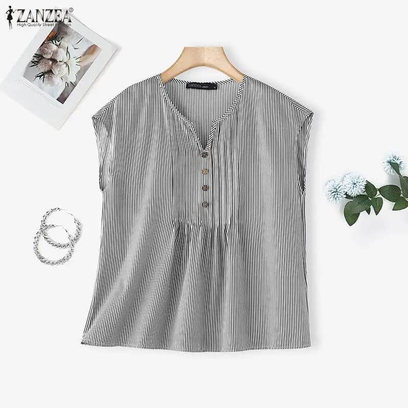Moda ZANZEA Camicette estive senza maniche da donna a righe con scollo a V, top da lavoro, da festa, streetwear, bluse oversize.