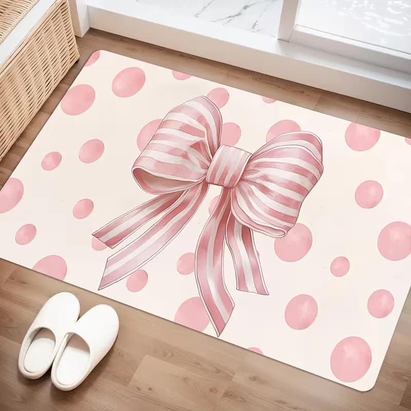 Simpatico tappetino rosa a righe con fiocco e pois, tappeto da terra rosa femminile per l'arredamento della casa, tappeto morbido antiscivolo per l'ingresso della camera da letto