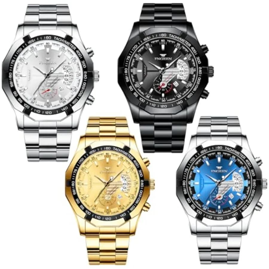 4 Pack Men's Stainless Steel Watches Waterproof Date Luminous Big Face Gold Blue Business Dress Sports Luxury Casual Analog Qua