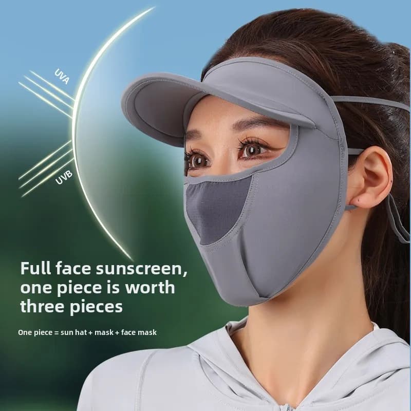 Summer sun protection mask, women's hat brim integrated, outdoor cycling, UV protection, ice silk full face sun protection mask