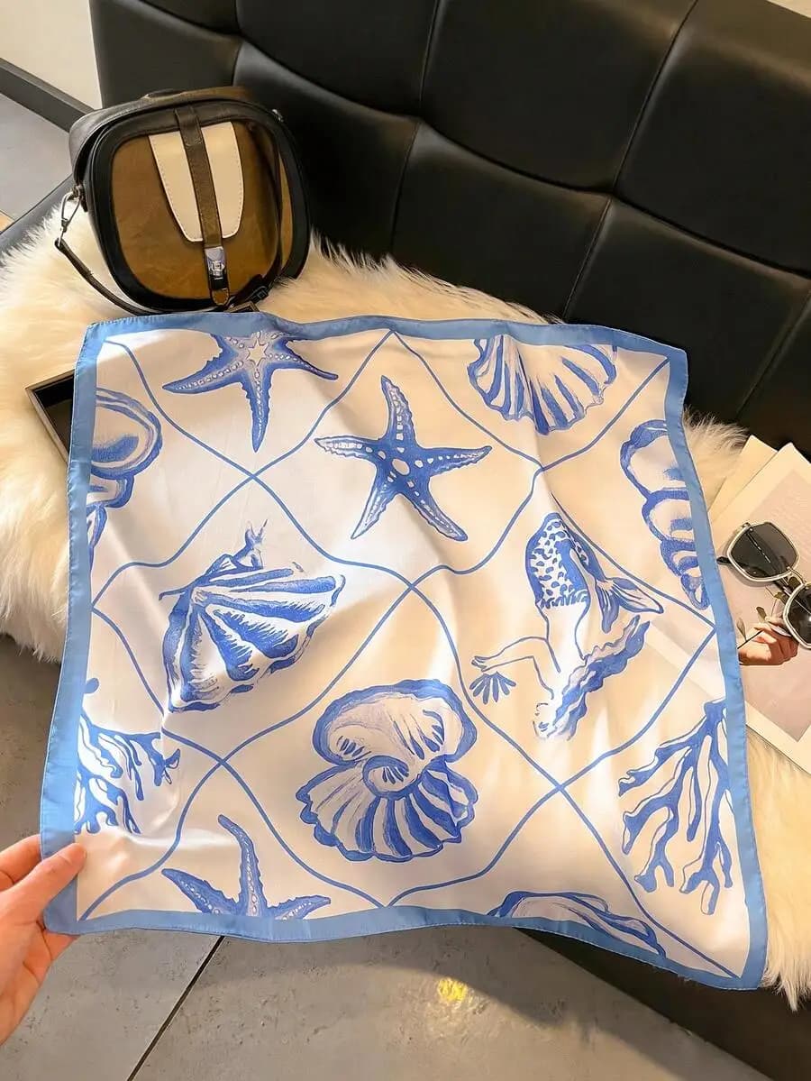 1pc Faux Silk Simple Design Seashell & Starfish Print 27.5' Square Scarf, Versatile Bandana, Waist Belt, Decorative Ribbon, Fash