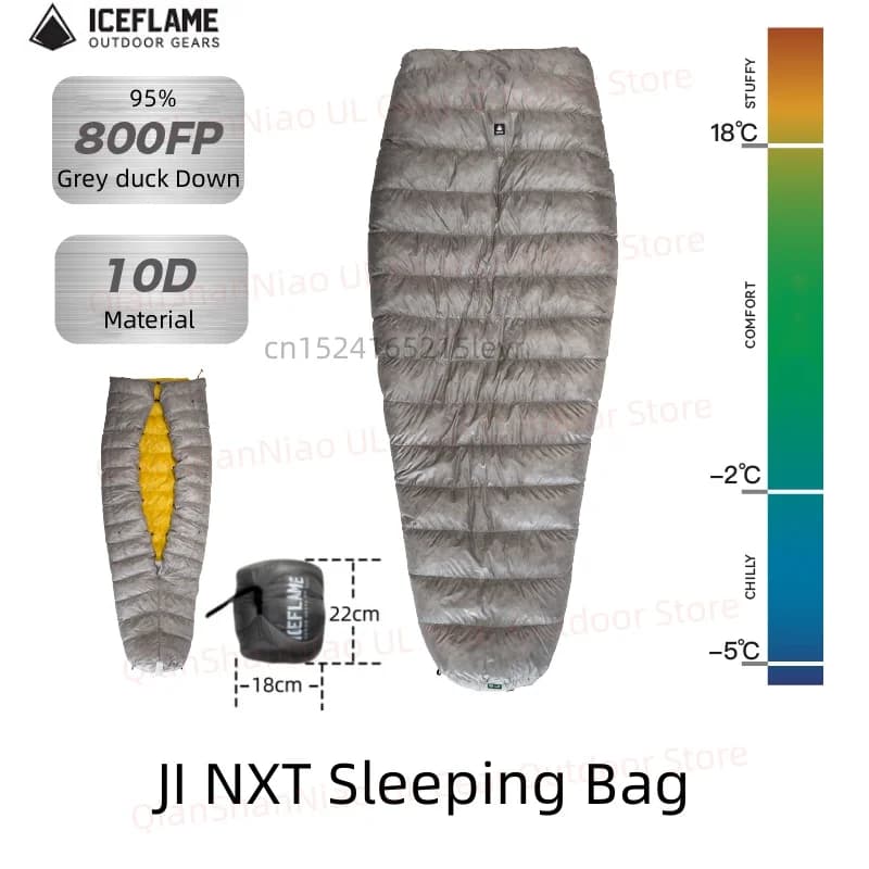 Ice Flame JI NXT 800FP Mummia sleeping bag without background camping outdoor quilt in grey duck feather hiking water repellent