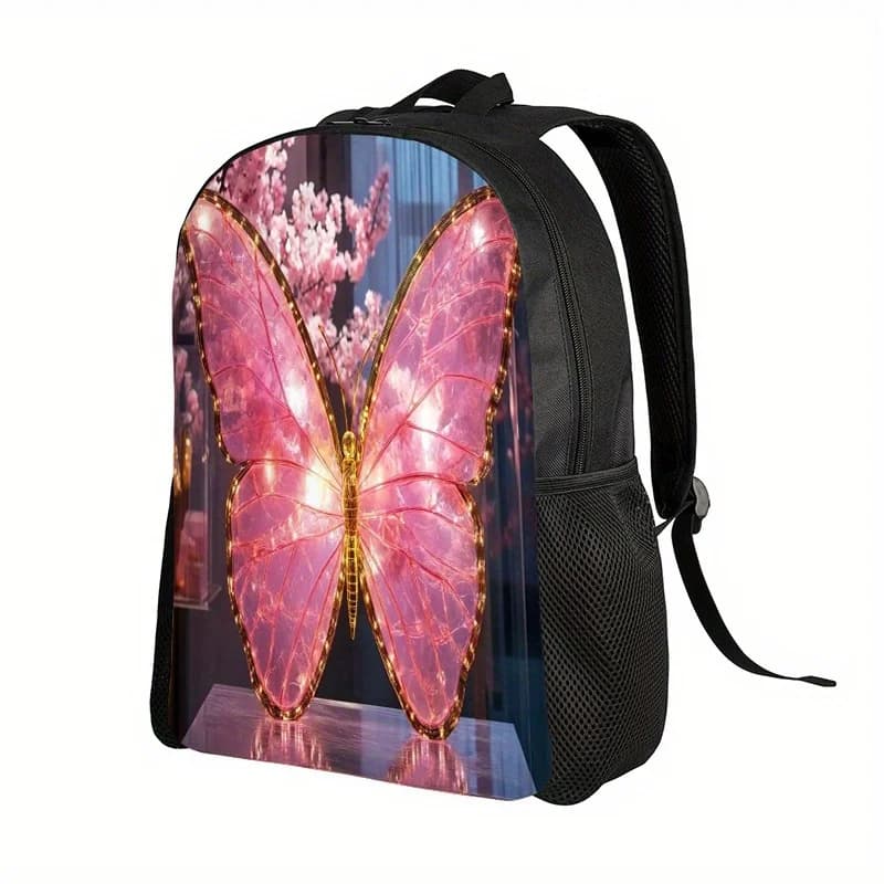 Light casual backpack, novelty for spring, with flat print 2D depicting a pink butterfly shaking wings.