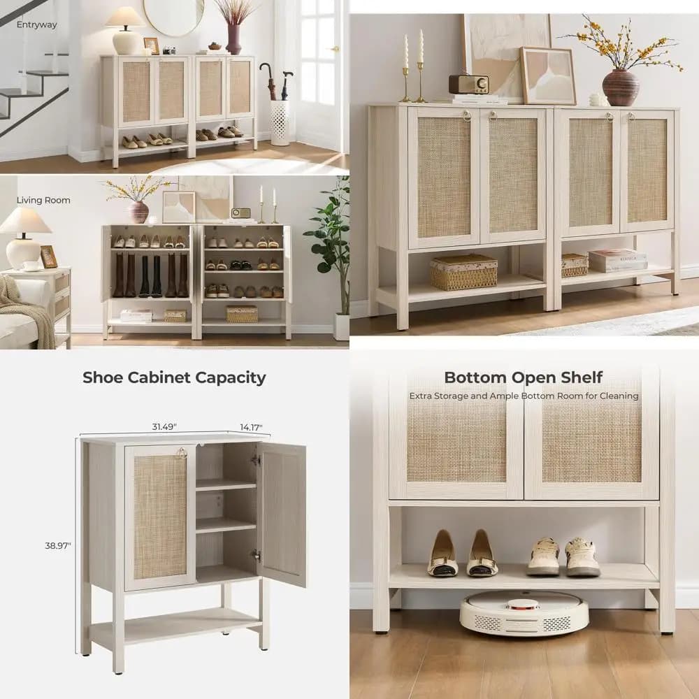 Mobiletto Portascarpe a 5 Ripiani in Rattan con Scaffali per Ingresso, Soggiorno e Armadio (Bianco Crema Rovere)