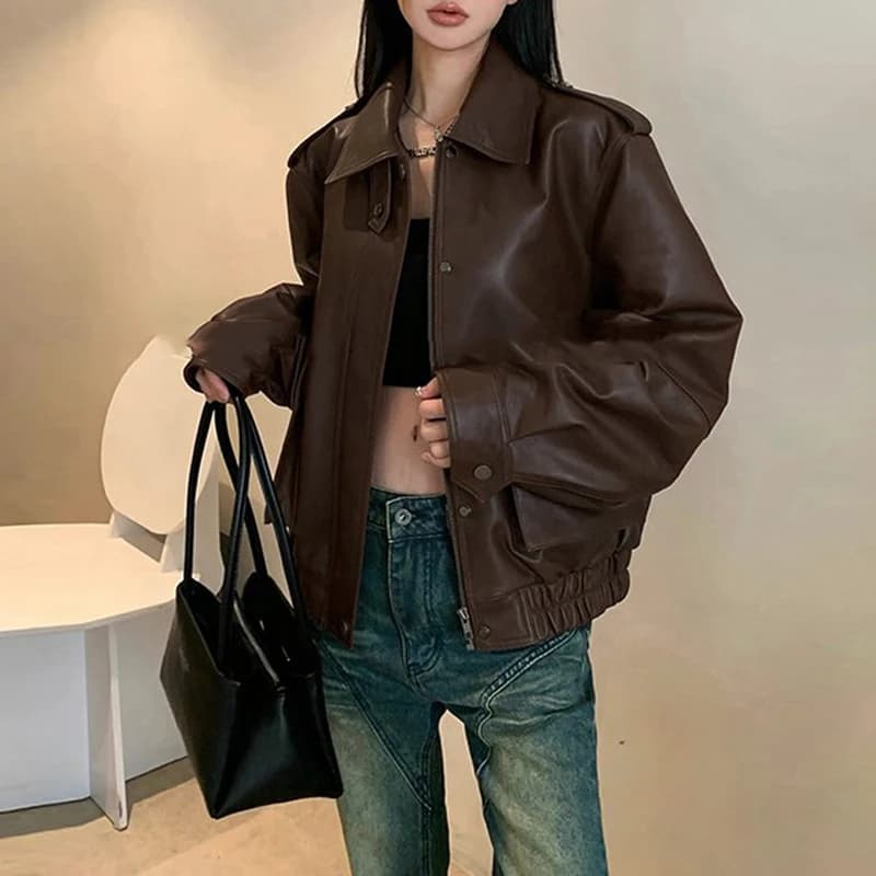Grande sconto Cappotti giacca in pelle di pecora importata per donna Casual Nero Cerniera allentata Giacche in vera pelle al 100% femminile